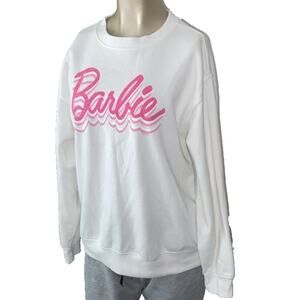 Gap Women Medium Sweater Crew Neck Long Sleeve BARBIE Script Logo Pink Stain
